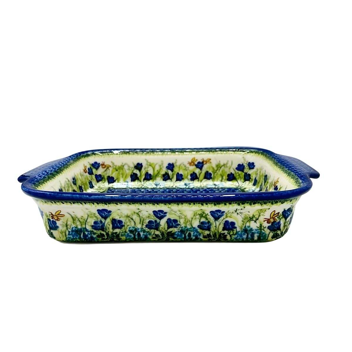Polish Pottery Blue Floral & Bee Rectangular Lasagna Baker