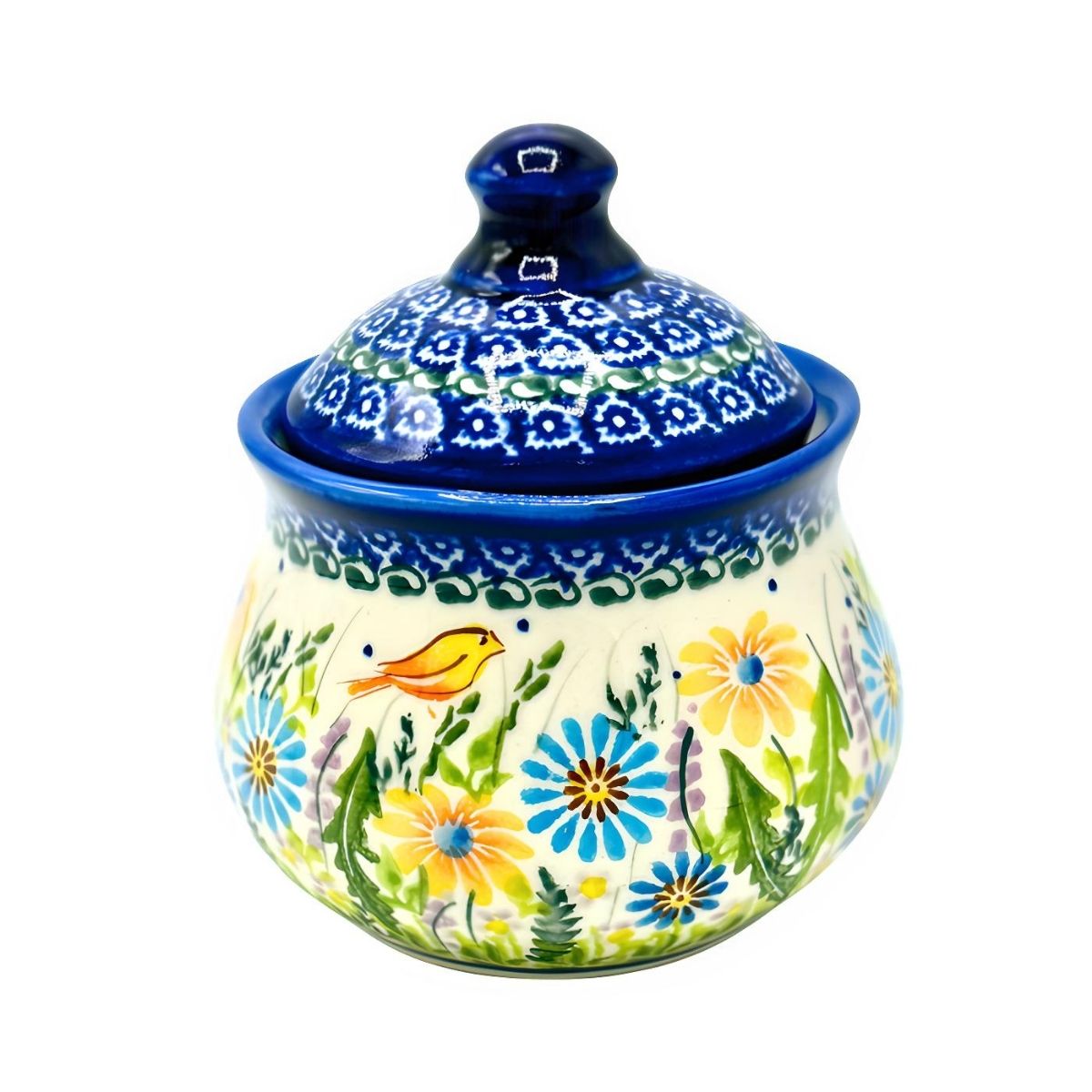 Polish Pottery Birds & Yellow Floral Covered Sugar Bowl