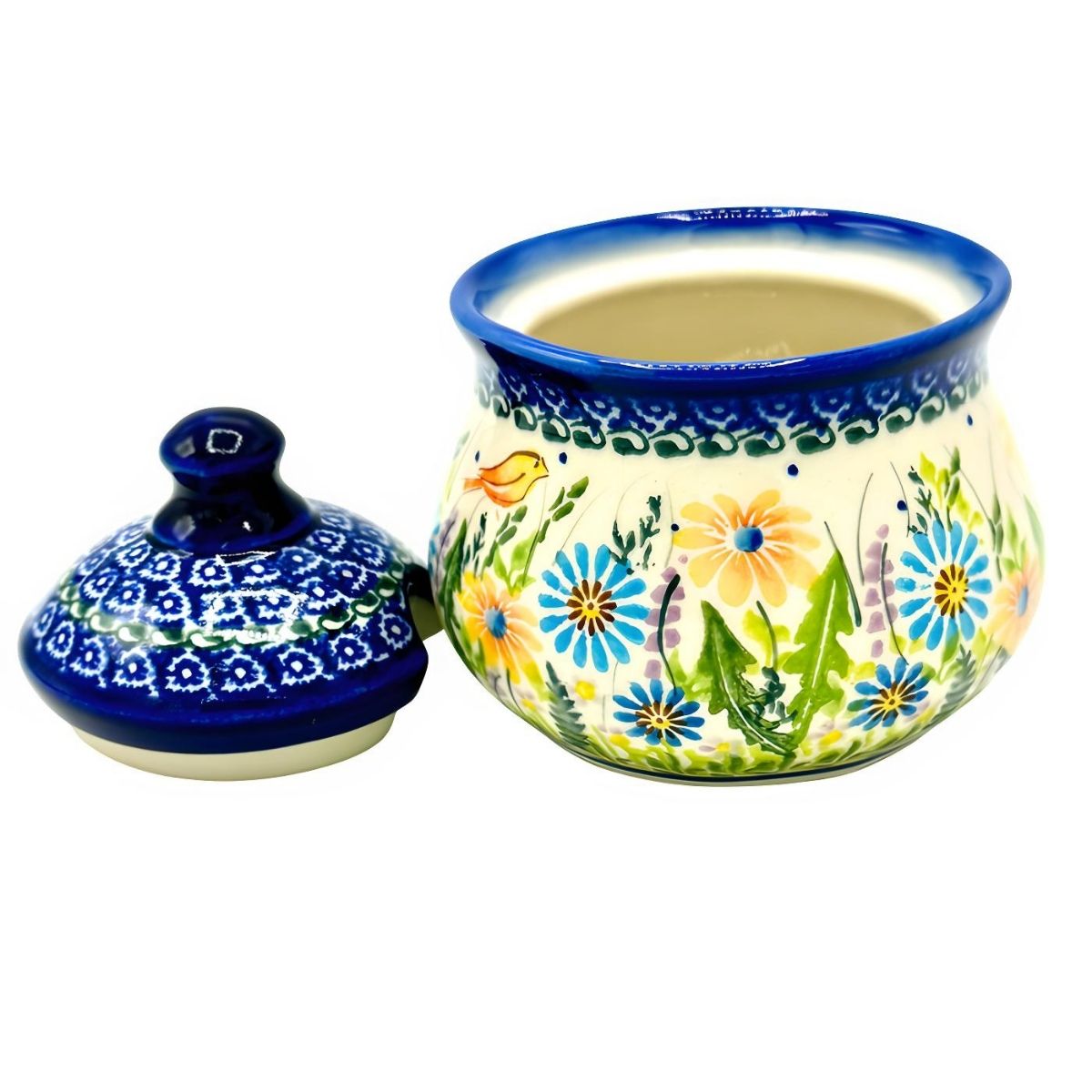 Polish Pottery Birds & Yellow Floral Covered Sugar Bowl