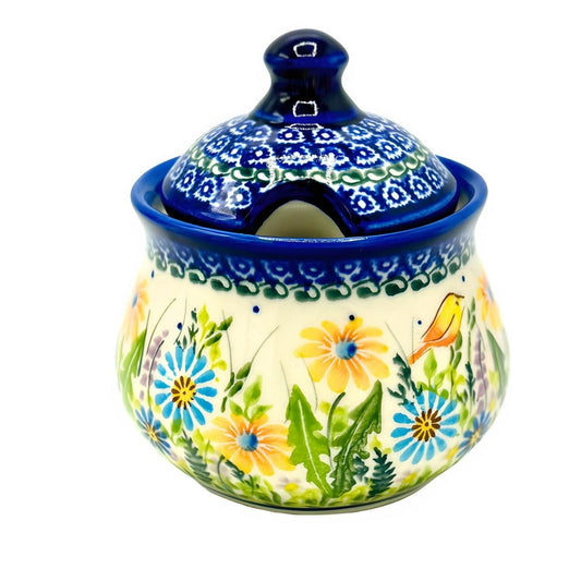 Polish Pottery Birds & Yellow Floral Covered Sugar Bowl