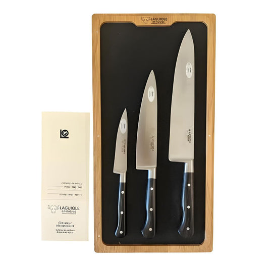 Laguiole en Aubrac Set of 3 Kitchen Knives with Ebony Wood Handles