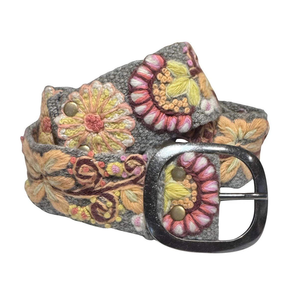 Jenny Krauss - Heather Gray Floral Embroidered Wool Belt