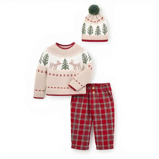 Elegant Baby Holiday Fairisle Sweater + Tartan Pant Set