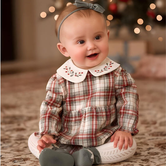 Elegant Baby Winter Tartan Bubble with Embroidered Collar - 3-6mo