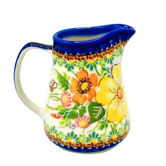 Polish Pottery Yellow Flowers & Bee Small Pitcher