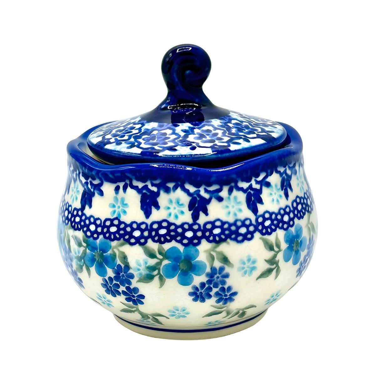Polish Pottery Blue Floral Covered Sugar Bowl