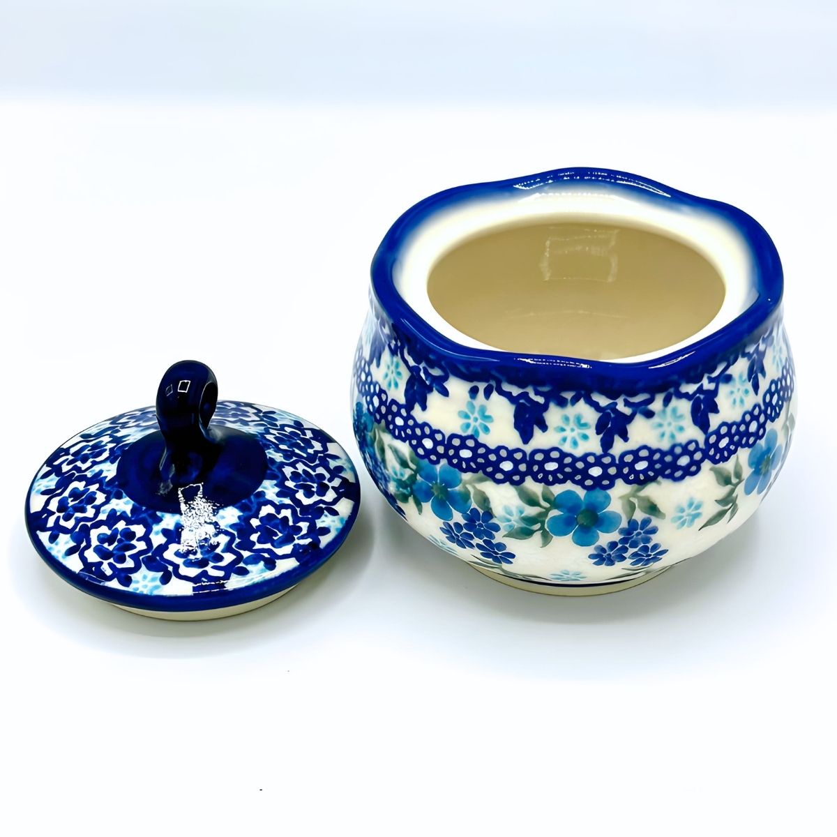 Polish Pottery Blue Floral Covered Sugar Bowl