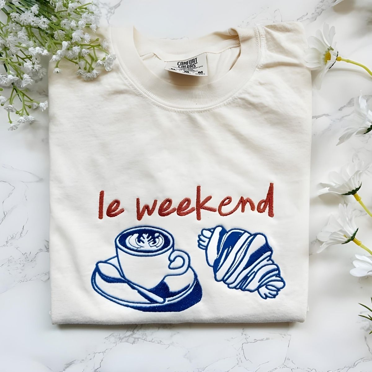 Embroidered Le Weekend French Coffee & Croissant T-Shirt