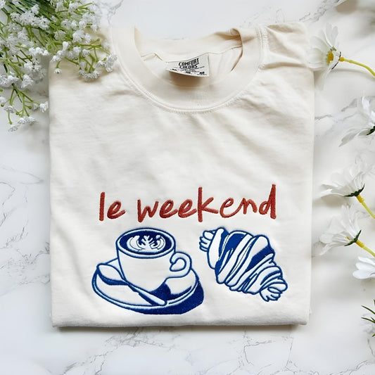 Embroidered Le Weekend French Coffee & Croissant T-Shirt