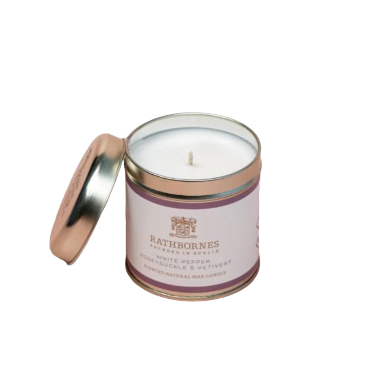 Rathbornes White Pepper, Honeysuckle & Vetivert Scented Natural Candle Tin