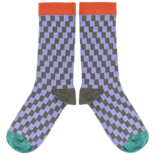 Catherine Tough Women's Organic Cotton Crew Socks - Lilac Check
