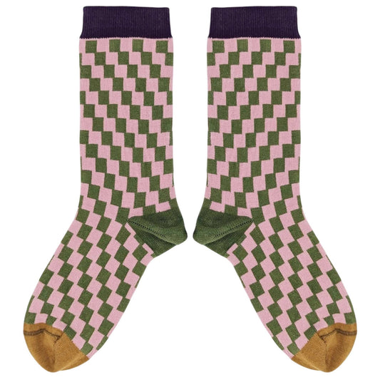 Catherine Tough Women's Organic Cotton Crew Socks - Pink Check