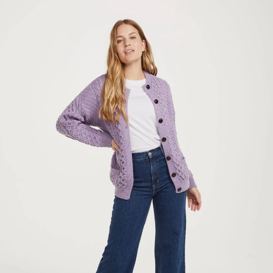 Achill Island Ladies Aran Cardigan - Lavender