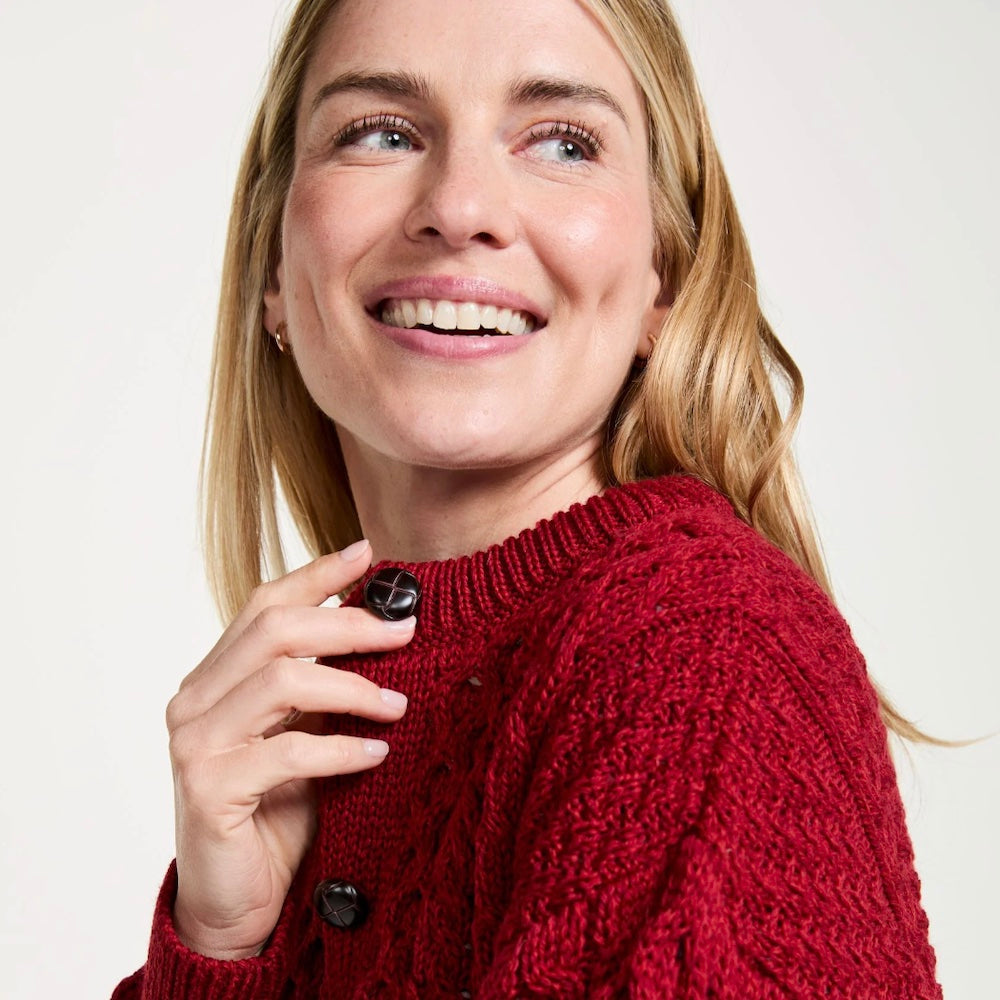 Achill Island Ladies Aran Cardigan - Rich Red