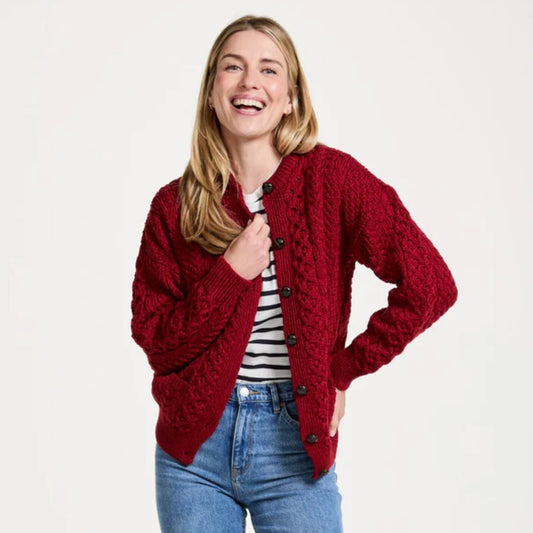 Achill Island Ladies Aran Cardigan - Rich Red