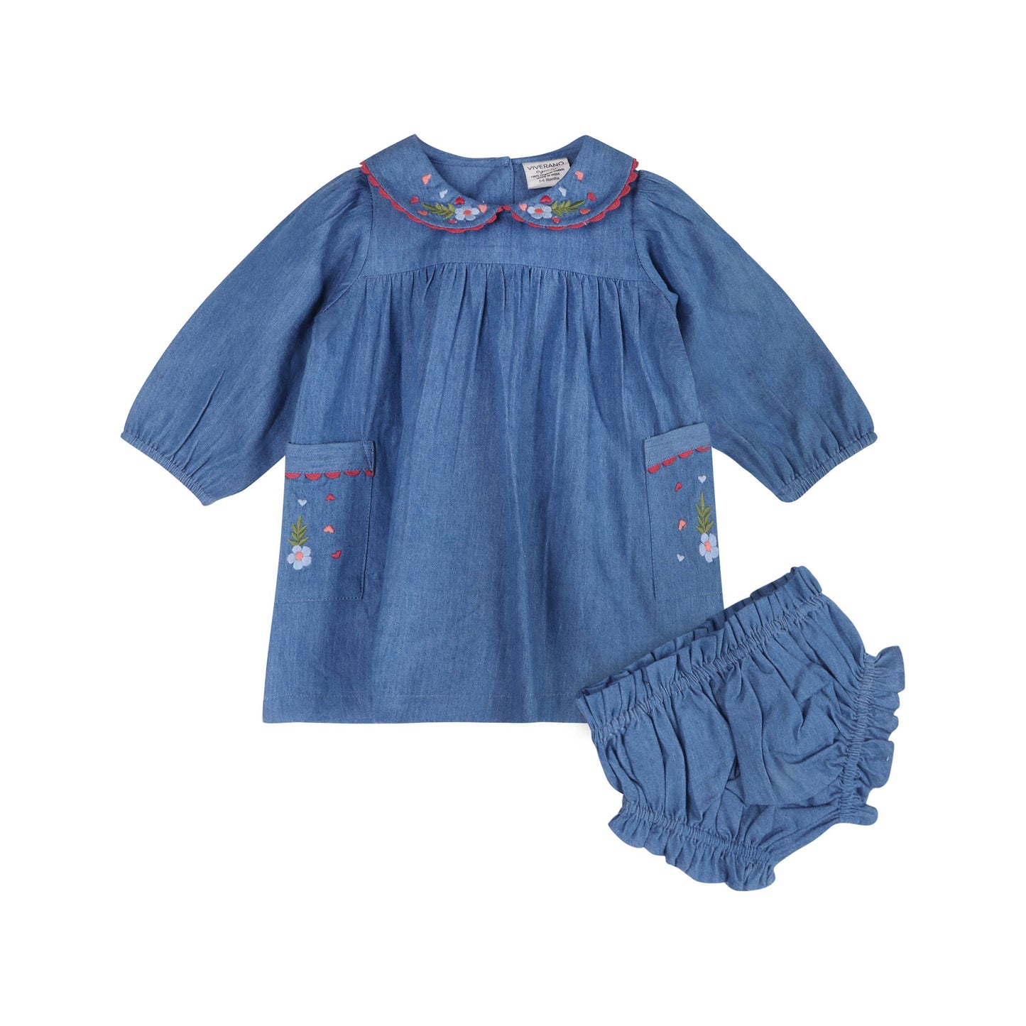 Viverano Organics - Ida Floral Embroidered Denim Baby Dress & Bloomer