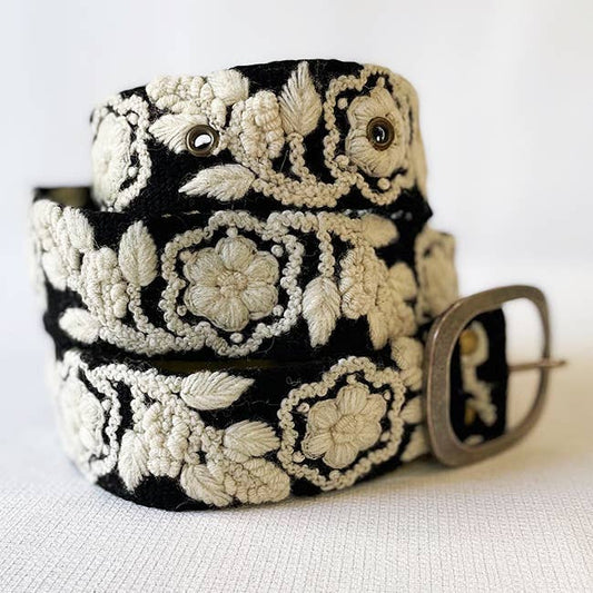 Jenny Krauss - Two-Tone Embroidered Wool Belt, Black/Cream