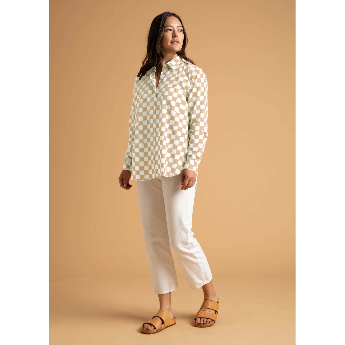 and for Good Boyfriend Long Sleeve Checkerboard Shirt- Natural
