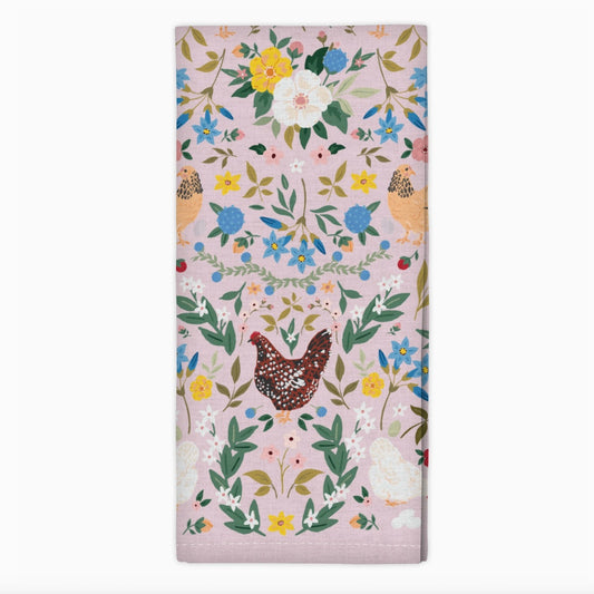 Chickens & Flowers Tea Towel