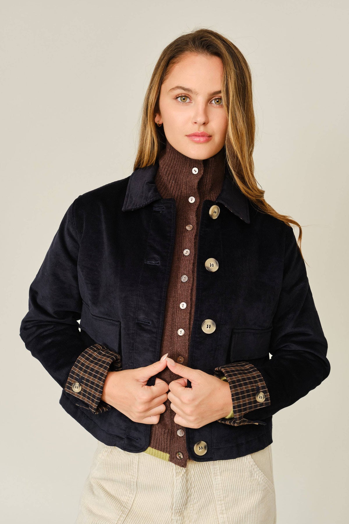 Aaron & Amber Oxford Corduroy Button Plaid Jacket - Midnight