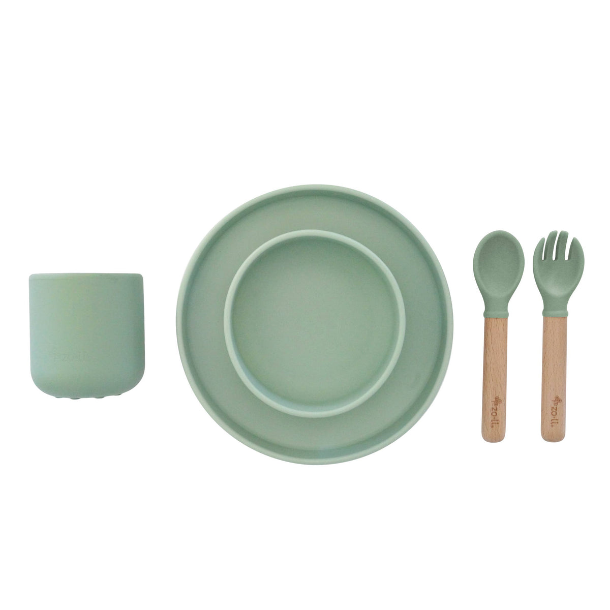 ZoLi - Silicone toddler feeding set - NOSH, GULP, CHOMP sage green