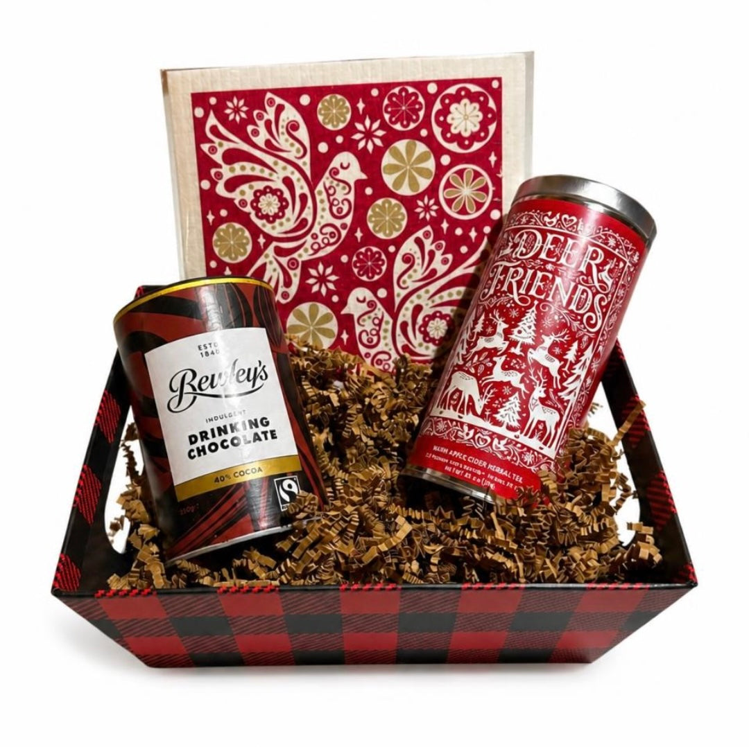 Holiday Gift Basket With Festive Tea, Hot Chocolate, And Swedish Dishcloth