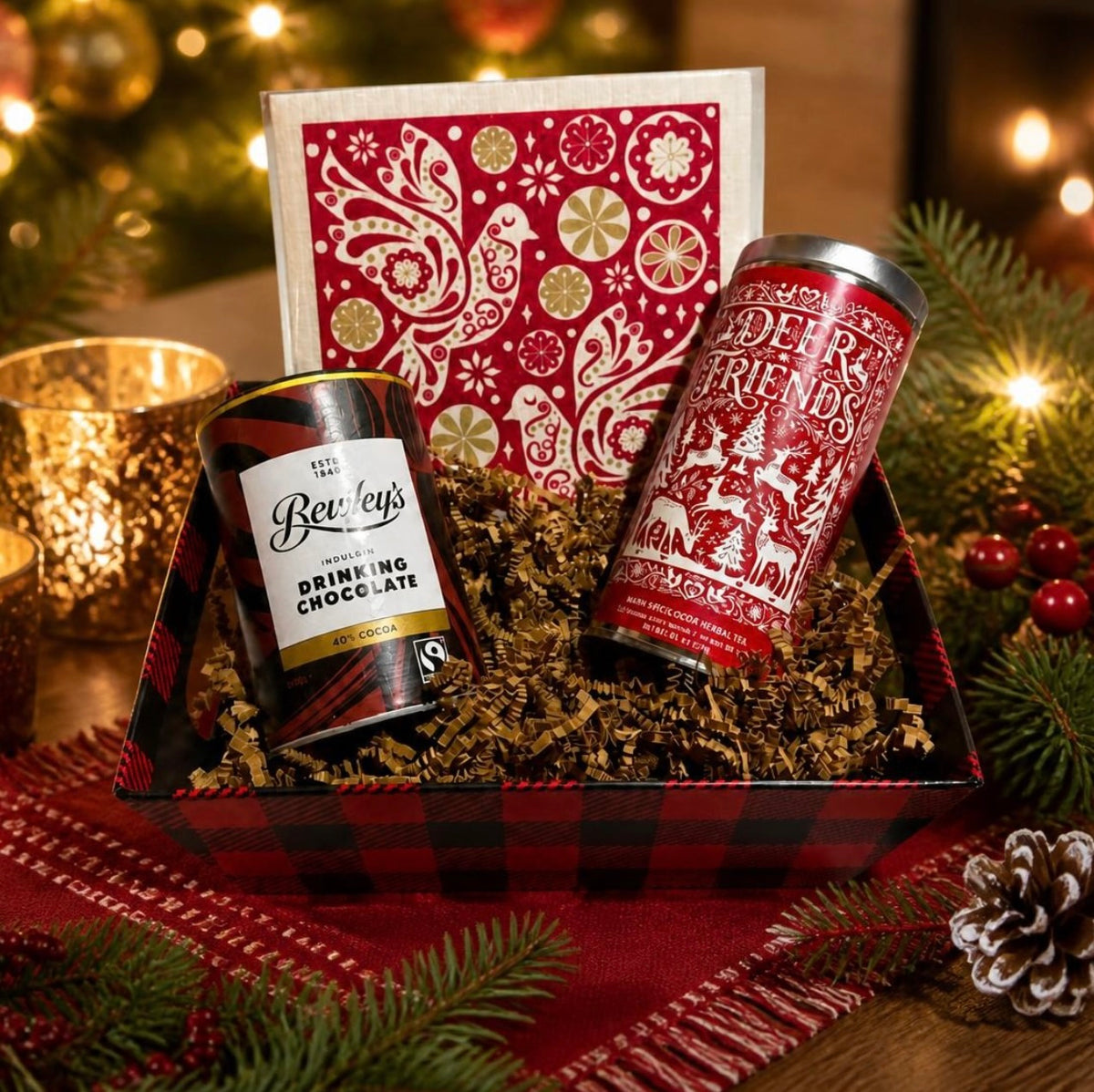 Holiday Gift Basket With Festive Tea, Hot Chocolate, And Swedish Dishcloth