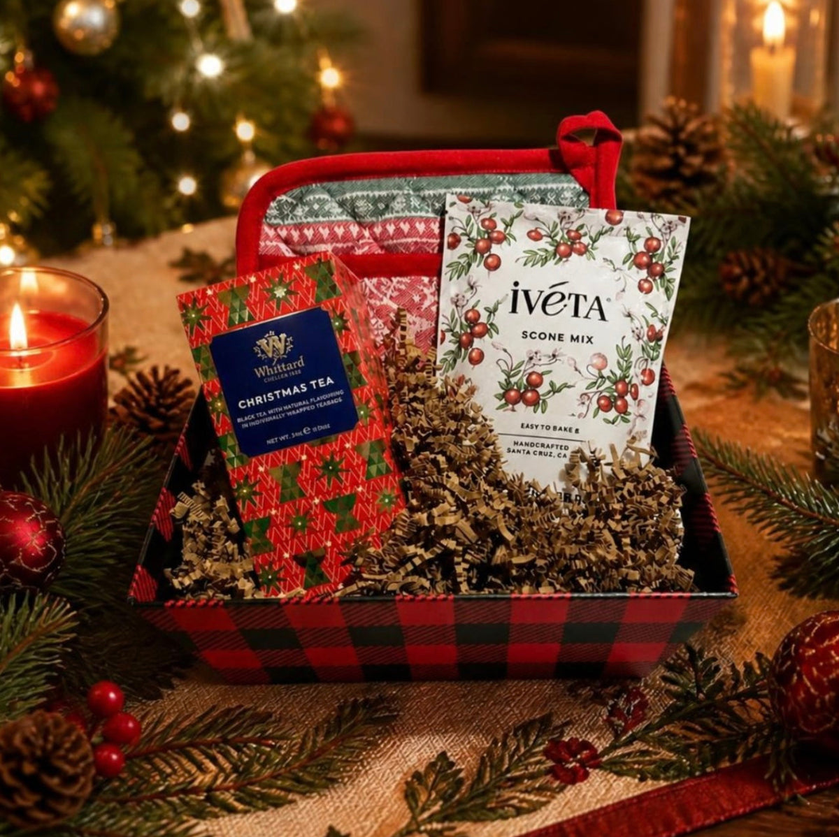 Holiday Gift Basket With A Festive Potholder, Christmas Tea And Cranberry Scone Mix