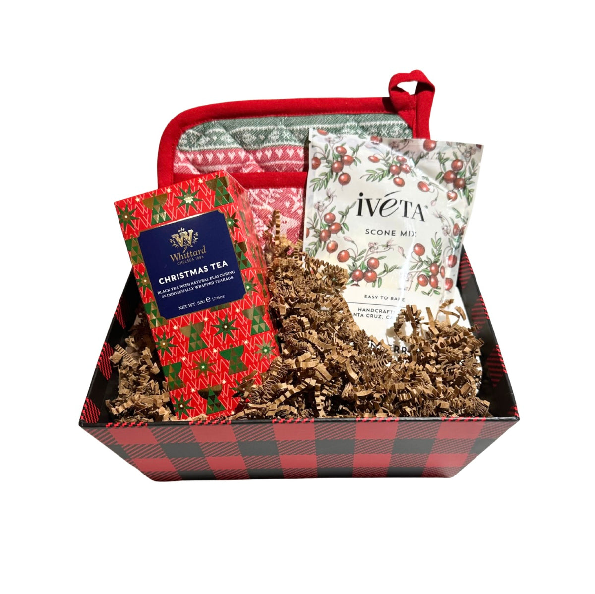 Holiday Gift Basket With A Festive Potholder, Christmas Tea And Cranberry Scone Mix
