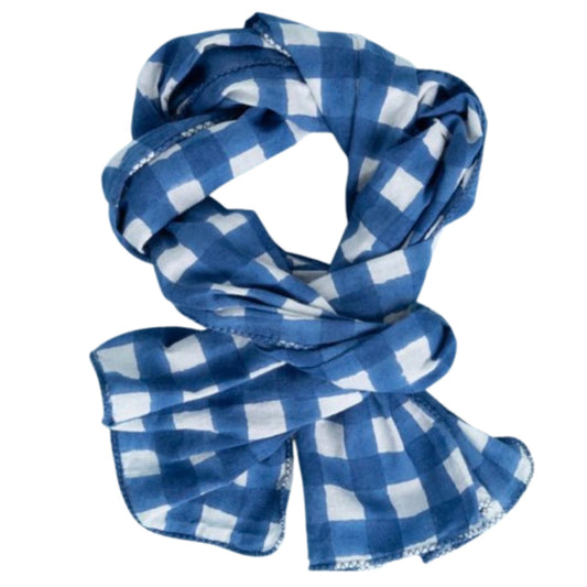 and for Good Gingham Picnic Coastal Blue Skinny Organic Cotton Scarf