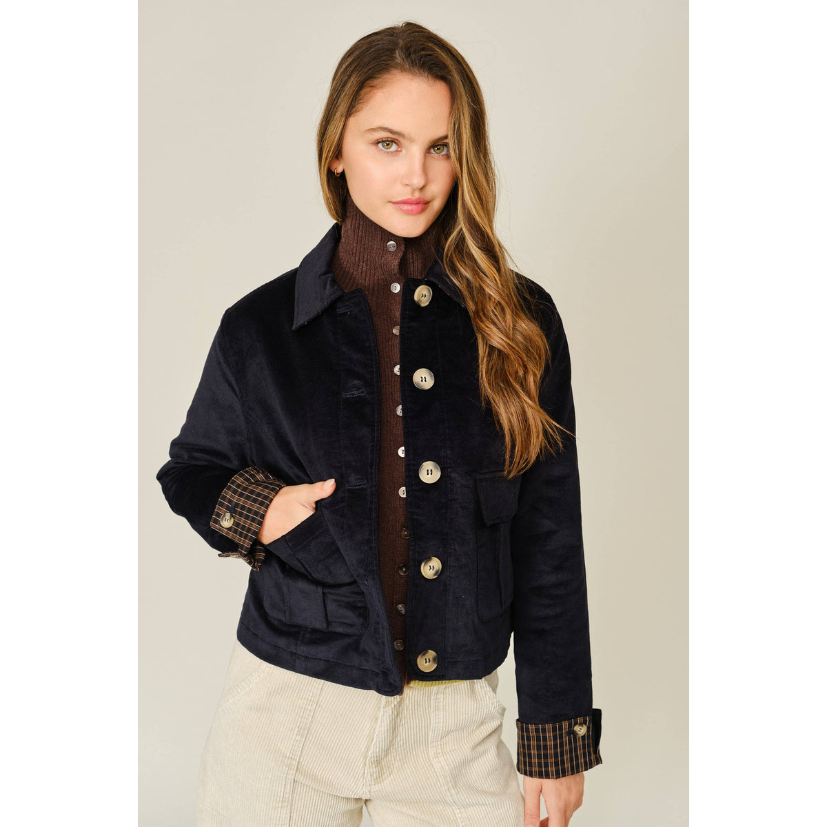 Aaron & Amber Oxford Corduroy Button Plaid Jacket - Midnight