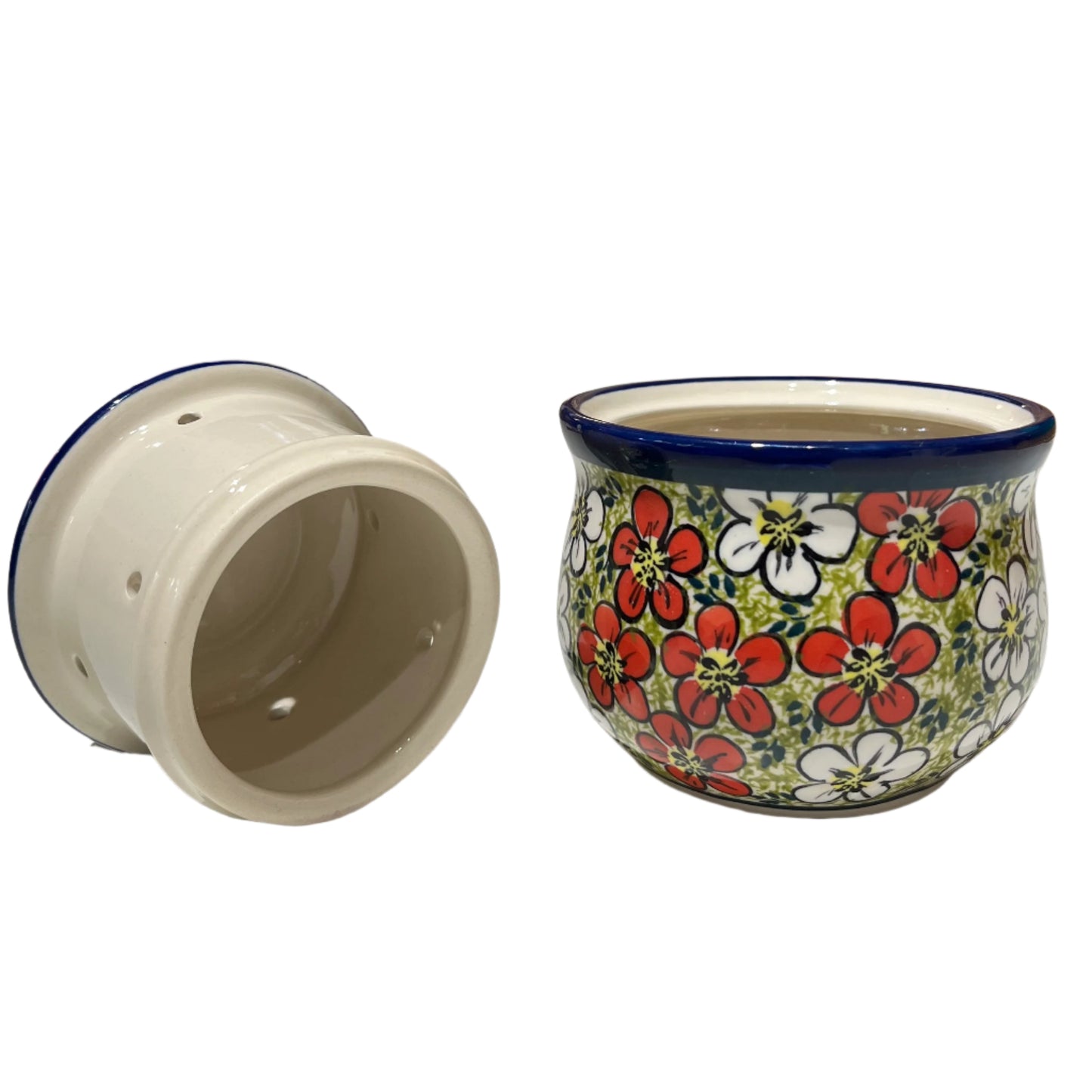 Polish Pottery Red, White & Green Butter Crock