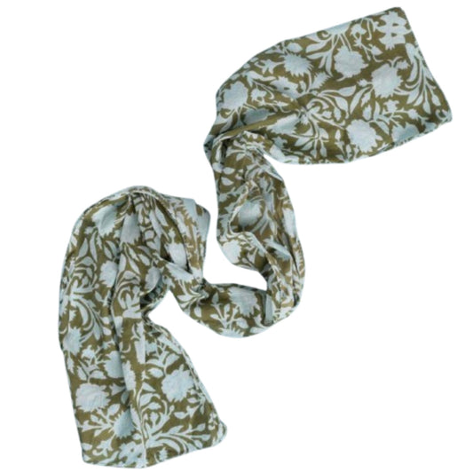 and for Good Floral Escape Olive Oil & Cerulean Skinny Organic Cotton Scarf