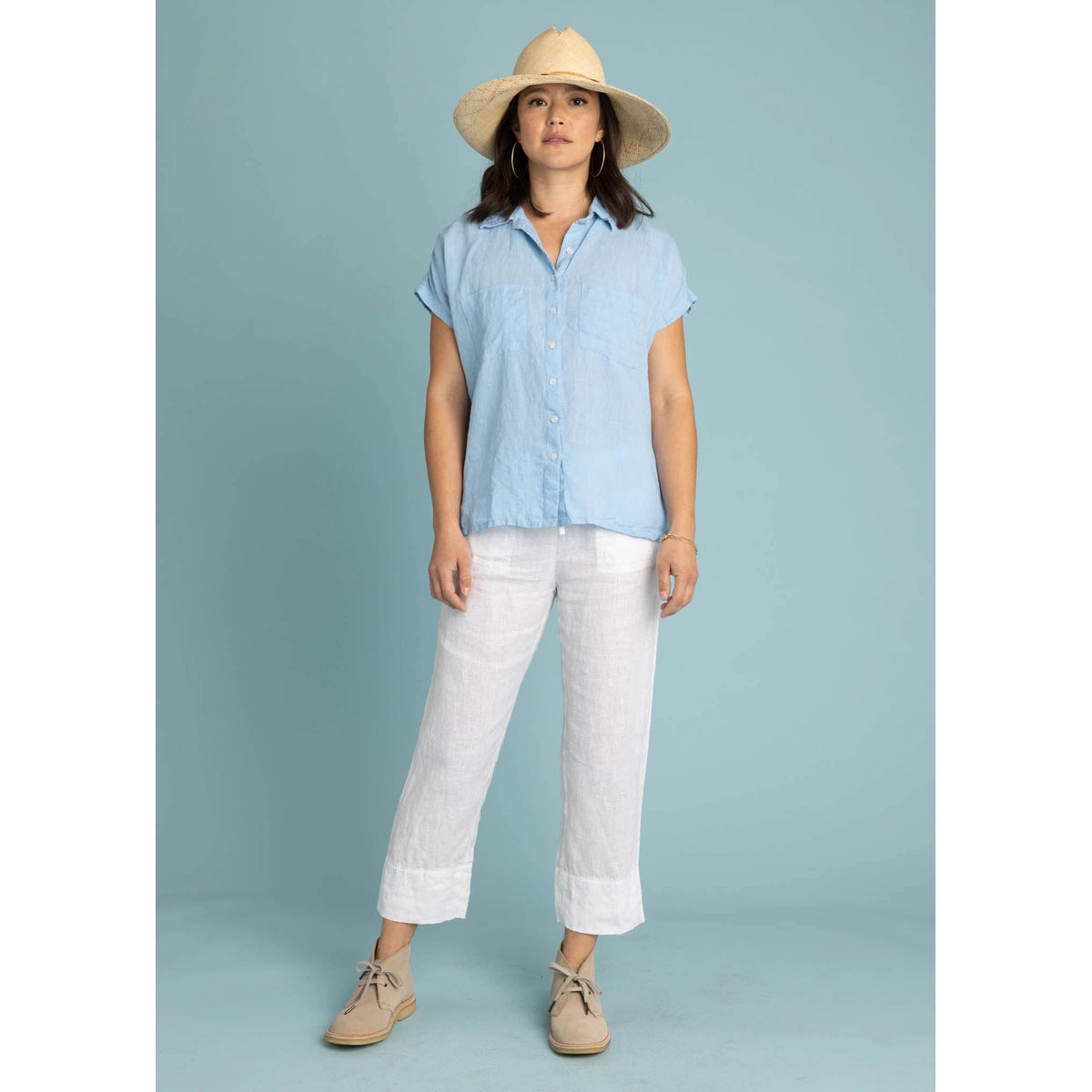 and for Good Boyfriend Linen Short Sleeved Shirt- Sky