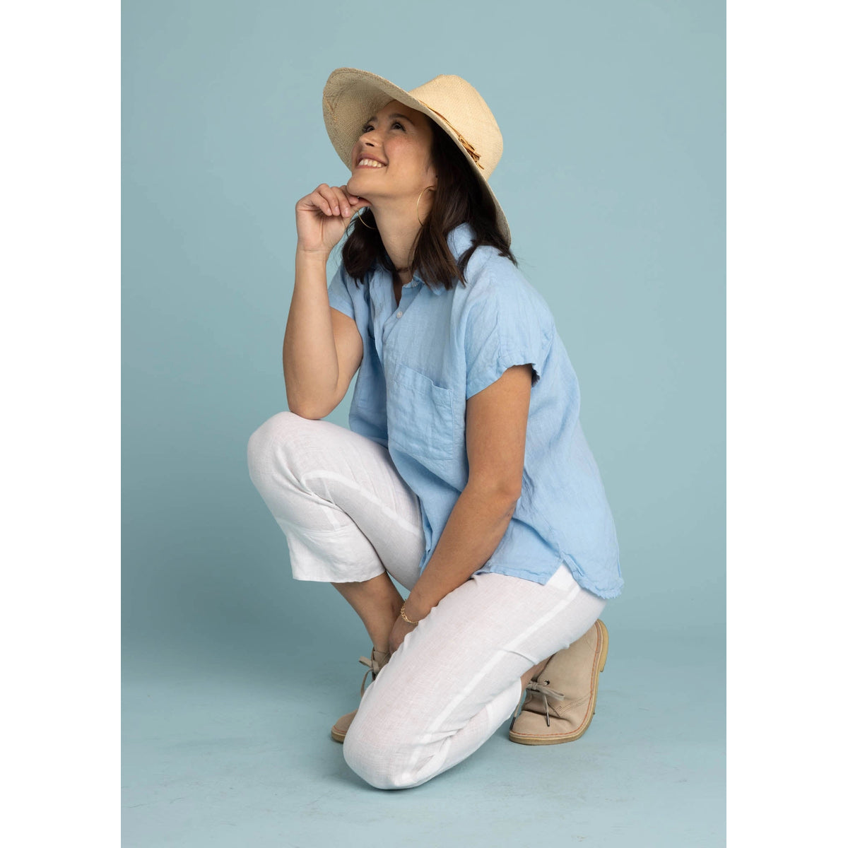 and for Good Boyfriend Linen Short Sleeved Shirt- Sky