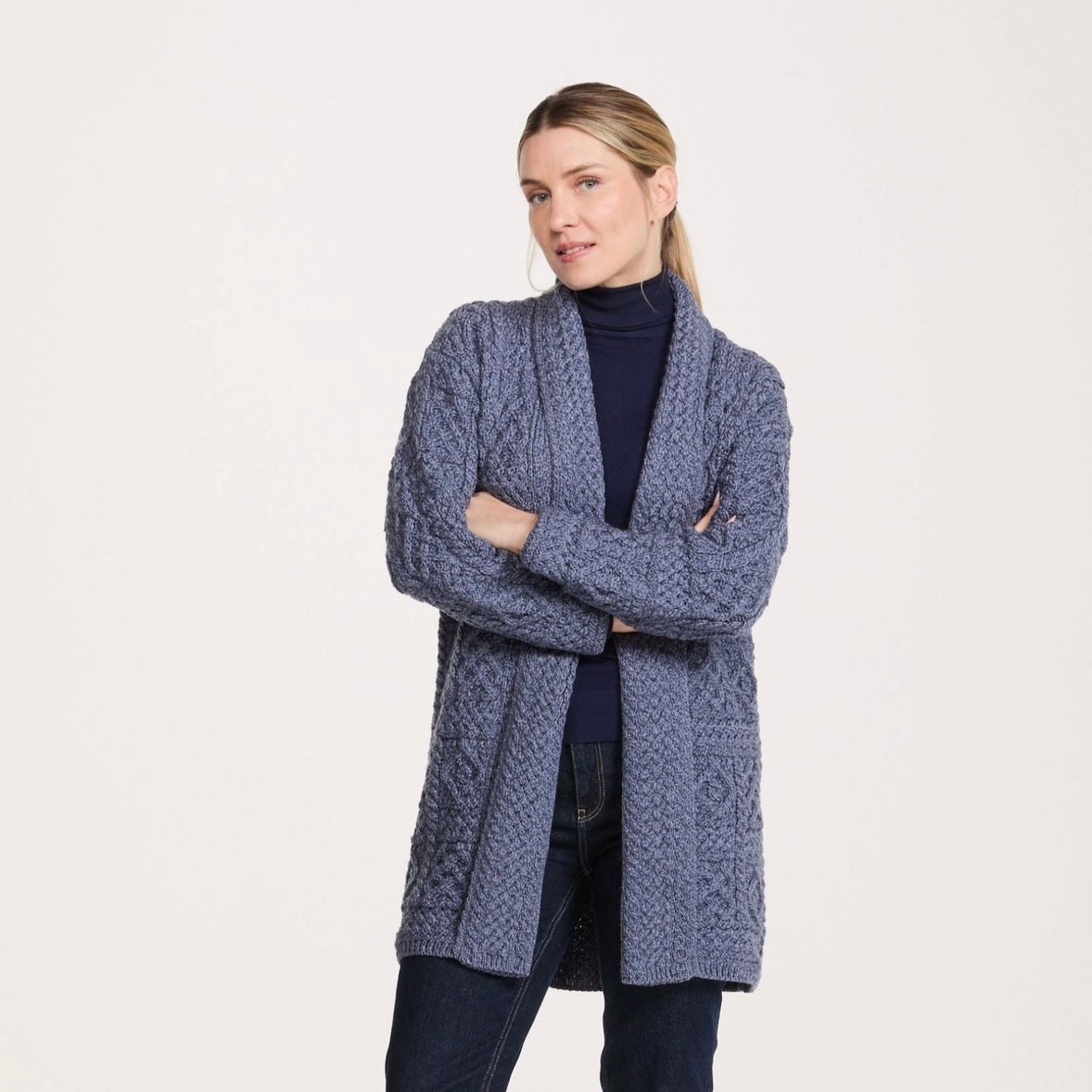 Tara Ladies Merino Aran Long Shawl Cardigan - Denim