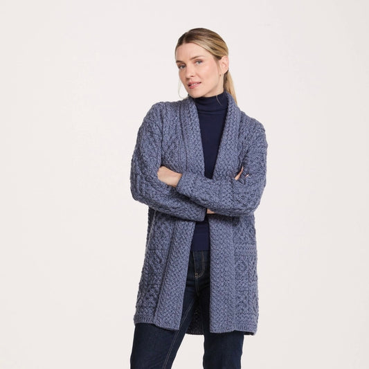 Tara Ladies Merino Aran Long Shawl Cardigan - Denim