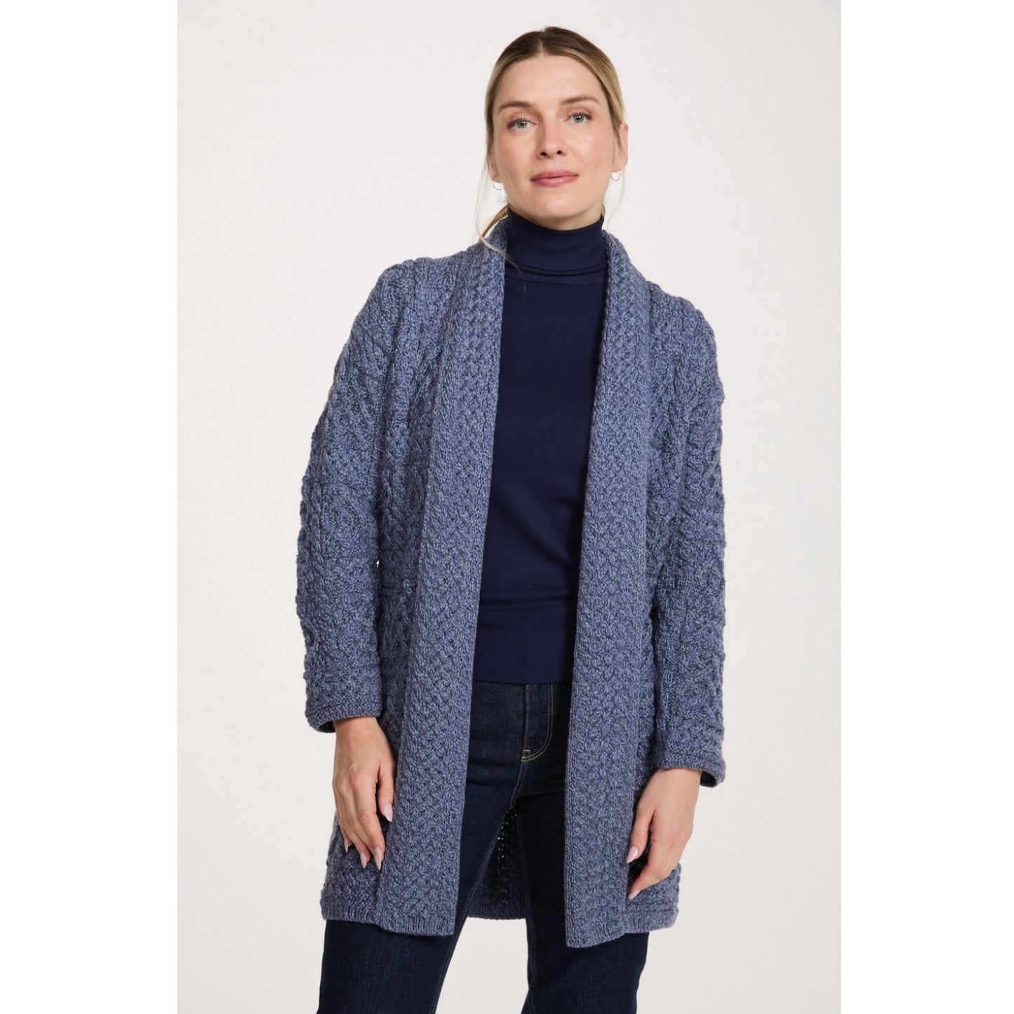 Tara Ladies Merino Aran Long Shawl Cardigan - Denim