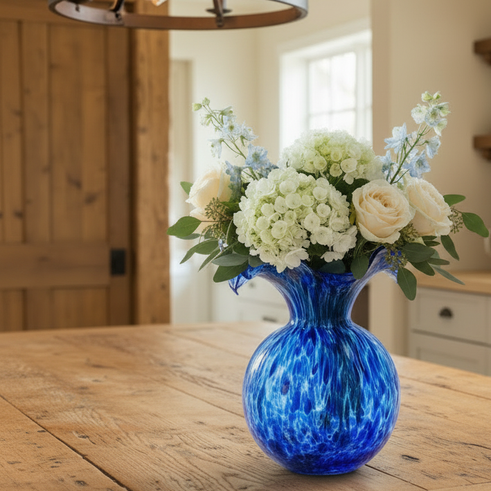 VIETRI Hibiscus Glass Cobalt Tortoiseshell Medium Fluted Vase